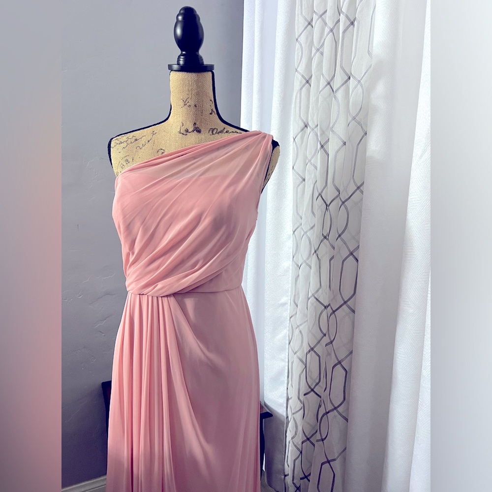 DAVID’S BRIDAL LONG CHIFFON ASYMMETRIC NECKLINE GREEK ROMAN TOGA DRESS SIZE 14 - Picture 7 of 12